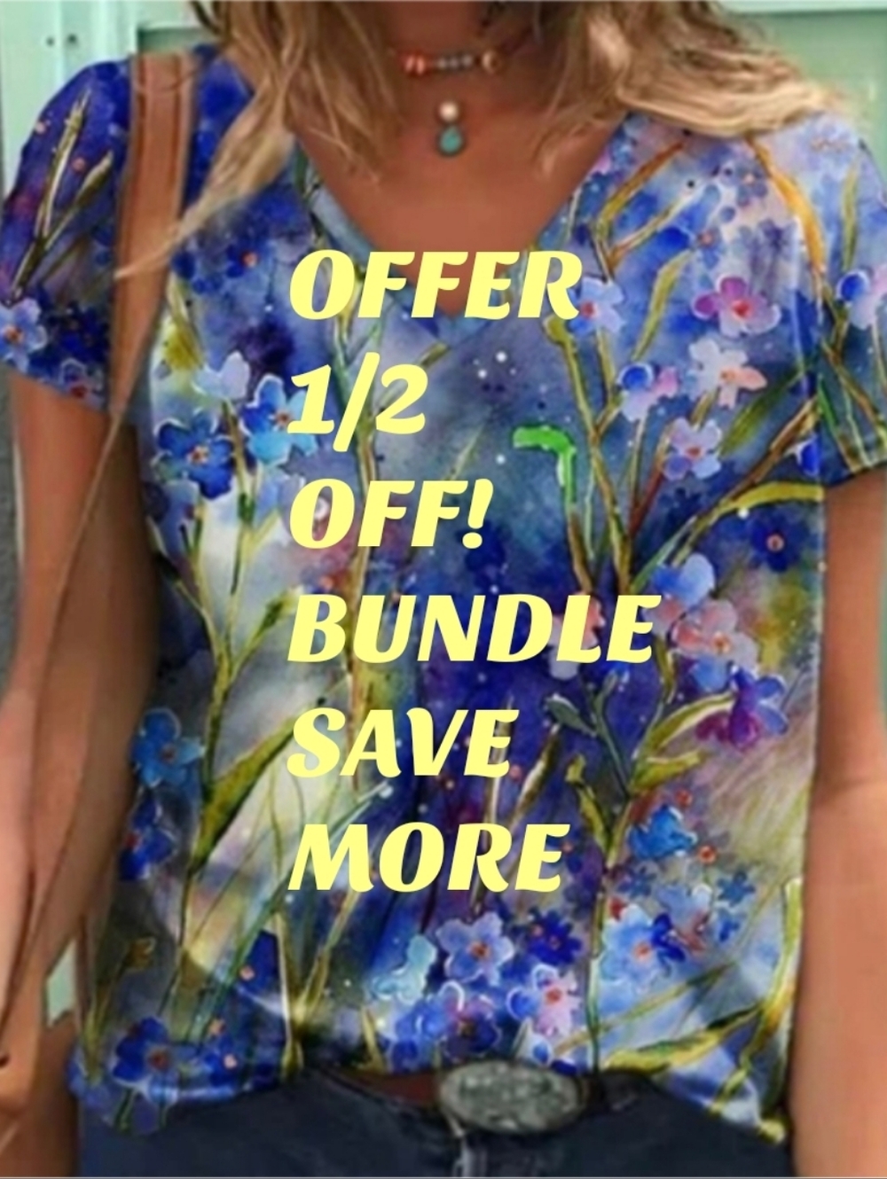Just Fashion Now Blue Floral Abstract Pullover Jersey Tee NWT